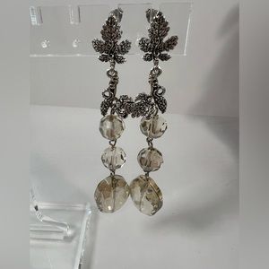 Smoky Austrian Crystal Drop Dangle Earrings Silver Tone Jewelry 3.5” Vintage